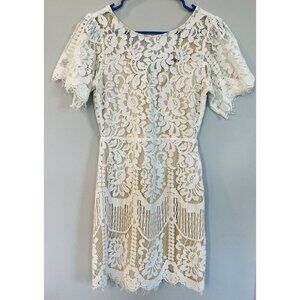 Lulus Lace Pearson Short Sleeve Dress Size S Lined Zip White Nude Ivory Bride